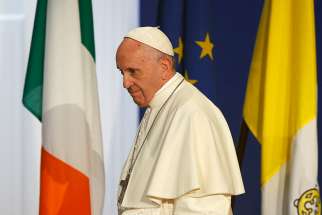  Pope Francis prepares to speak during a meeting with authorities, civil society leaders and members of the diplomatic corps in Dublin Castle in Dublin Aug. 25.