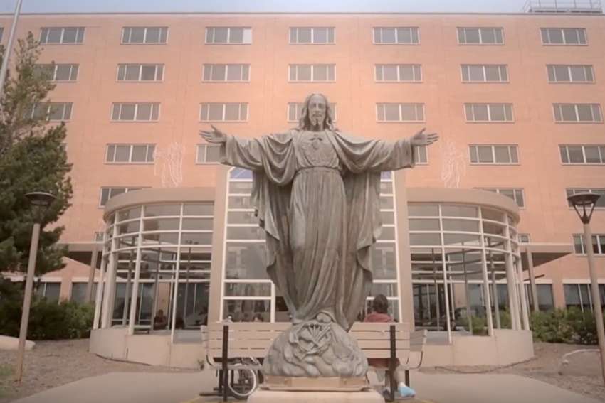 A statue of the Sacred Heart of Jesus at the entrance of St. Paul&#039;s Hospital in Saskatoon. 