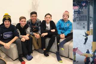 Young skiers Gabriel Neilson, second from left, and four friends have been hailed as heroes after they helped rescue an eight-year-old boy dangling from a chairlift on Grouse Mountain. The drama was caught on video by another skier, Carolina Akoglu, as the boy fell.