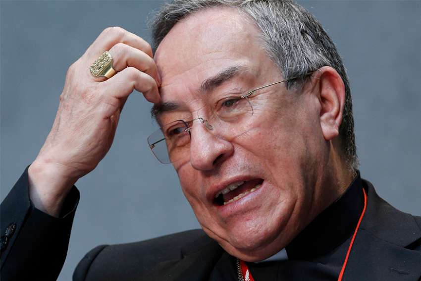 Cardinal Oscar Rodriguez Maradiaga of Tegucigalpa speaks during a press conference at the Vatican May 12, 2015. In their July 30 statement, the Honduran bishops lamented that these news reports may have “disturbed” the People of God. 