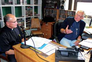Deacons Rollie Comeau, left, and Leo Farley host a weekly talk radio show called Deacon’s Corner, every Wednesday on Maskwacis’ Hawk Radio FM 89.1. 