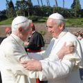 Pope Francis, right, embraces retired Pope Benedict XVI in a picture dated July 5. Pope Francis paid a personal visit to retired Pope Benedict XVI, informing him about the final details for World Youth Day in Rio de Janeiro.
