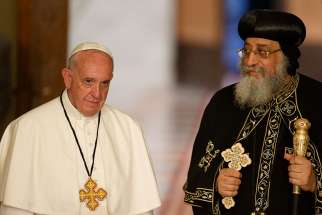 Pope Francis is pictured with Coptic Orthodox Pope Tawadros II in Cairo April 28.