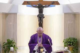 Pope Francis celebrates Mass Feb. 16 in the chapel of the Domus Sanctae Marthae at the Vatican. In his homily, the pope said that if a Christian&#039;s Lenten fasting does not help others and lead to a real awareness of one&#039;s own sins, then it is &quot;fake.&quot; 