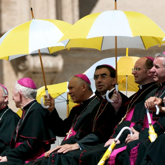 Prelates use umbrellas as a shield from the sun as Pope Benedict XVI leads his weekly audience in St. Peter&#039;s Square at the Vatican May 9