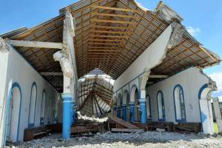The destroyed Immaculate Conception Church is pictured in Les Anglais, Haiti, Aug. 14, 2021, after a magnitude 7.2 earthquake. At least 18 people were reported killed in the church.