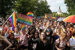 Participants take part in the city&#039;s first &quot;Equality Parade&quot; rally in support of the LGBT community in Bialystok, Poland, July 20, 2019.