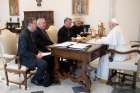 Pope Francis meets with officials of the upcoming assembly of the Synod of Bishops in the library of the Vatican&#039;s Apostolic Palace Sept. 18, 2023. From the left are: Father Riccardo Battocchio, one of the synod&#039;s special secretaries; Cardinal Jean-Claude Hollerich, relator general; Cardinal Mario Grech, secretary-general of the synod secretariat; and Jesuit Father Giacomo Costa, the other special secretary of the synod assembly scheduled for Oct. 4-19.