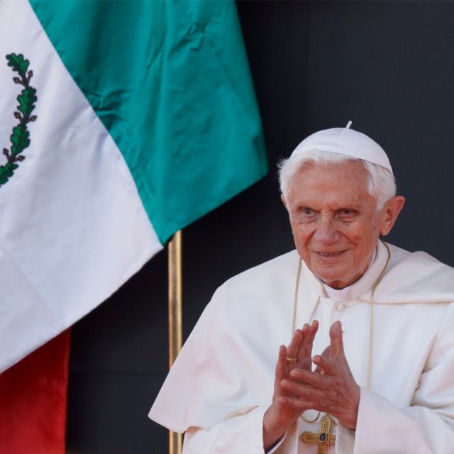 Pope Benedict XVI applauds as he looks out to the crowd gathered for his arrival at Guanajuato International Airport in Silao, Mexico, March 23. Arriving in Mexico on his second papal visit to Latin America, the pope said he came as a &quot;pilgrim of faith, of hope, and of love,&quot; promoting the cause of religious freedom, social progress and the Catholic Church&#039;s charitable works.