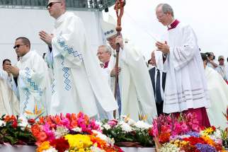 Pope Francis arrives in procession to celebrate Mass at Enrique Olaya Herrera Airport in Medellin, Colombia, Sept. 9. 
