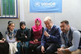  U.N. Secretary-General Antonio Guterres gestures as he visits with Syrian refugees March 28 at Zaatari camp near Mafraq, Jordan. As the Catholic secretary-general visited the world&#039;s biggest camp for Syrian refugees, he made an impassioned plea: Stop Syria&#039;s devastating war.