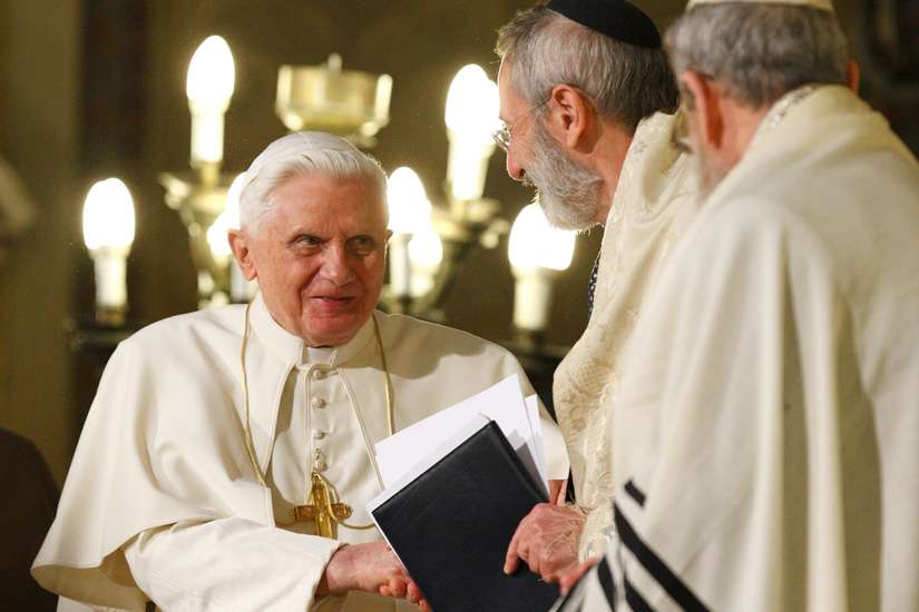 Pope Benedict XVI greets Rabbi Riccardo Di Segni, the chief rabbi of Rome, during his visit to the main synagogue in Rome in this Jan. 17, 2010, file photo. Pope Francis will visit the same synagogue Jan. 17, 2016. 
