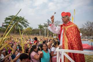 Nicaraguan Cardinal Leopoldo Brenes of Managua blesses people raising their palm fronds during Palm Sunday Mass March 24, 2024, in Managua.