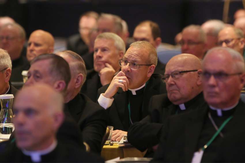Bishops listen to a speaker Nov. 14, 2018 at the fall general assembly of the U.S. Conference of Catholic Bishops in Baltimore.