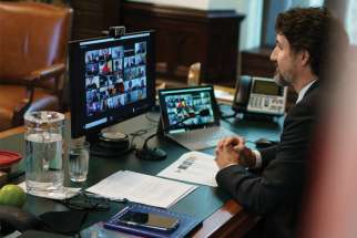 Prime Minister Justin Trudeau takes part in a Zoom meeting with faith leaders Dec. 3.