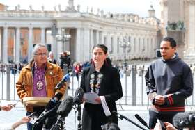 Canadian Indigenous leaders greet the media after a meeting with Pope Francis at the Vatican April 1. From left are Chief Gerald Antoine of the Assembly of First Nations; Cassidy Caron, president of the Métis National Council; and Natan Obed, president of the Inuit Tapiriit Kanatami.