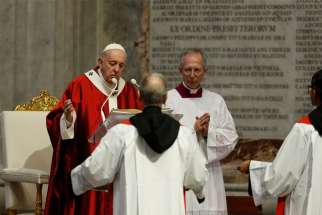 Pope Francis blesses palliums as he celebrates Mass marking the feast of Sts. Peter and Paul in St. Peter&#039;s Basilica at the Vatican June 29, 2020.