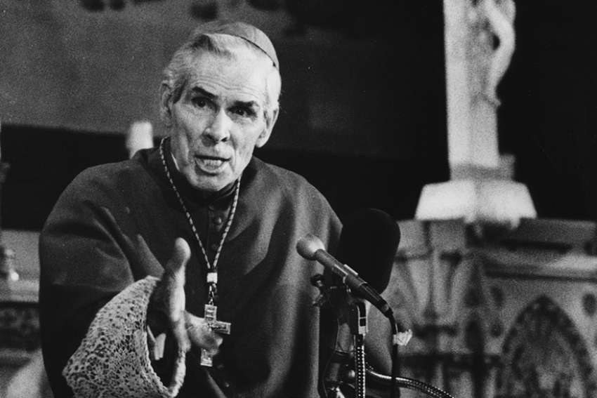 Archbishop Fulton J. Sheen is pictured at a pulpit in an undated file photo. 