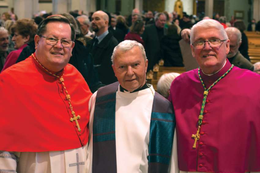 Msgr. Peter Coughlin, middle, is joined by Cardinal Gerald Cyprien Lacroix, Archishop of Quebec and Primate of Canada, and by Hamilton Bishop Douglas Crosby, right, at Christ the King Cathedral in Hamilton this past March. The occasion was a special service to mark Coughlin’s elevation to Monsignor. 
