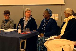 Women religious from around the world are seen at a Rome briefing following their participation in the Vatican summit on protection of minors. Pictured at the Feb. 25, 2019, event are Maltese Sister Carmen Sammut, head of the International Union of Superiors General; German Holy Spirit Sister Maria Hornamann; Sister Veronica Openibo, congregational leader of the Society of the Holy Child Jesus; and Indian Sister Monica Joseph, superior general of the Congregation of Religious of Jesus and Mary.