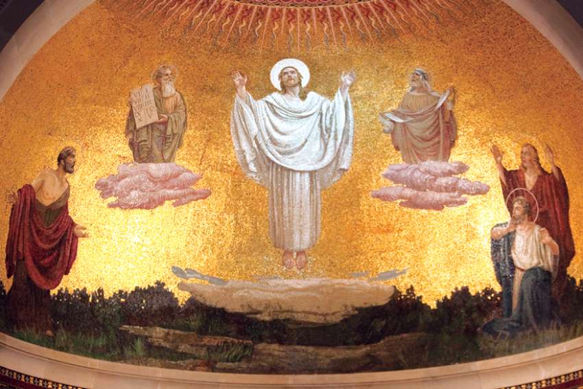 A mosaic in the Church of the Transfiguration on Mount Tabor in Israel illustrates the transfiguration of Jesus as told in Luke’s Gospel.