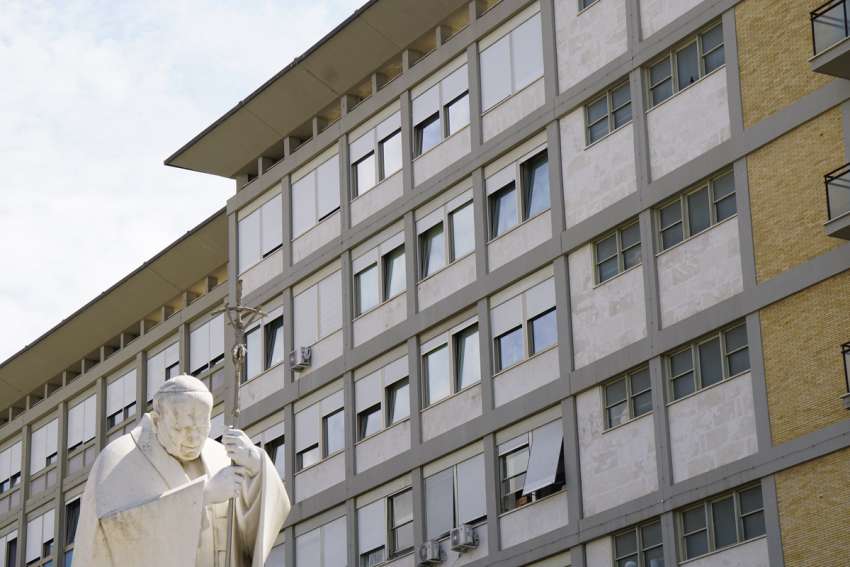 A statue of St. John Paul II is seen outside of Rome&#039;s Gemelli hospital June 8, 2023, where Pope Francis is staying in the papal suite on the top floor after undergoing surgery to treat a hernia June 7, 2023. Because of his frequent visits over his three-decade pontificate, the Polish pope affectionately called the hospital &quot;the third Vatican&quot; after his second &quot;home&quot; at the papal summer residence in Castel Gandolfo outside of Rome.