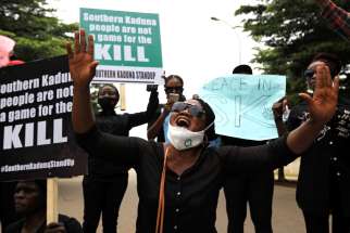 A woman reacts during a protest against violence in Abuja, Nigeria, Aug. 15, 2020. In an endless cycle of violence against Christians in Nigeria, seminarian Na&#039;Aman Danlami Stephen of the Diocese of Kafanchan burned to death Sept. 7, 2023, when Fulani herdsmen attacked the rector at his parish church, St. Raphael in Fadan Kamantan.