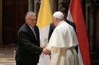 Pope Francis greets Hungarian Prime Minister Viktor Orbán during a meeting that also included Hungarian President János Áder at the Museum of Fine Arts in Budapest, Hungary, Sept. 12, 2021. The Vatican announced Feb. 27, 2023, that Pope Francis will travel to Hungary April 28-30, 2023.