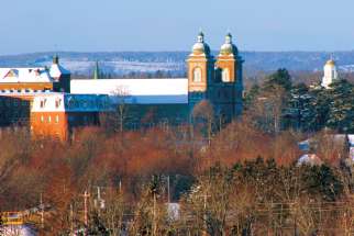 The Antigonish skyline has long featured the towers of St. Ninian’s Cathedral, left, and St. Francis Xavier University. The Nova Scotia diocese is marking its 175th anniversary.