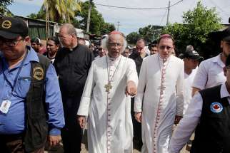 Cardinal Leopoldo Brenes Solorzano and Archbishop Waldemar Sommertag, apostolic nuncio to Nicaragua, are seen in Masaya, Nicaragua, June 21 as clashes between anti-government protesters and police continue.