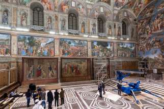 Tapestries designed by Renaissance master Raphael are pictured after being hung on a lower wall in the Sistine Chapel at the Vatican Feb. 16, 2020. Ten enormous tapestries by Raphael are on display for one week in celebration of the 500th anniversary of his death in 1520.