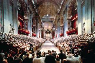 Pope John XXIII leads the opening Mass of the Second Vatican Council in St. Peter’s Basilica at the Vatican Oct. 11, 1962. A total of 2,540 cardinals, patriarchs, archbishops and bishops from around the world attended the opening session. 