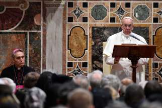 Pope Francis makes his speech during an audience with the diplomatic corps accredited to the Holy See for the traditional exchange of new year&#039;s greetings at the Vatican Jan. 9.