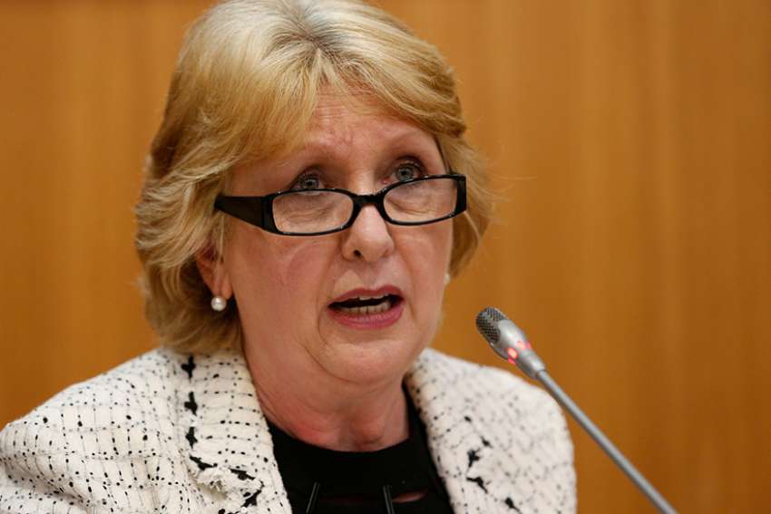 Former Irish President Mary McAleese is pictured in a 2015 photo, speaking at the Pontifical Gregorian University in Rome
