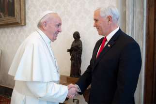 Pope Francis greets U.S. Vice President Mike Pence during a private meeting at the Vatican Jan. 24, 2020.