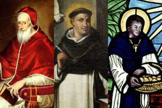 Pope Pius V, left, St. Thomas Aquinas, centre, and St. Martin de Porres were all members of the Dominican order.