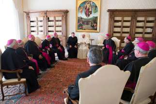 Pope Francis meets with 10 bishops of Canada&#039;s Atlantic region March 16 during their &quot;ad limina&quot; visits to the Vatican.