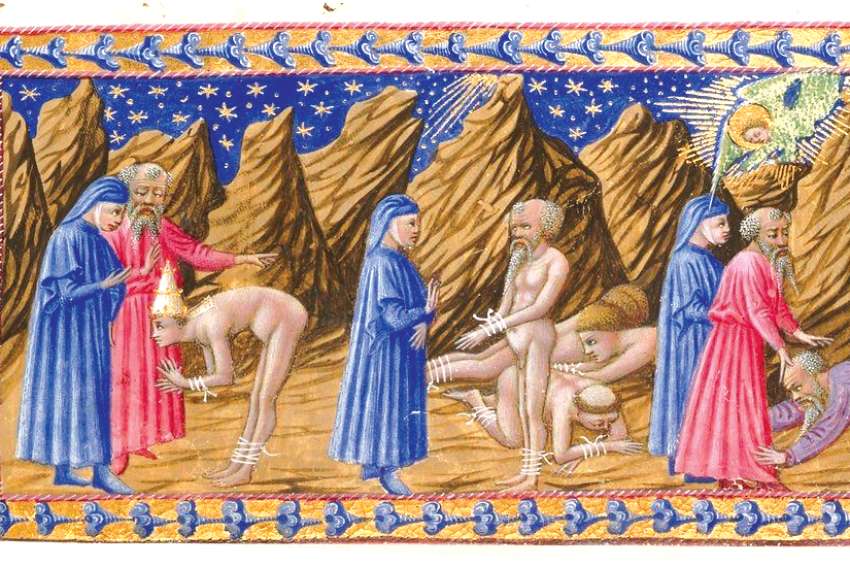 Detail of a miniature of Dante and Virgil with Pope Adrian V, Hugh Capet and Statius in Purgatory.