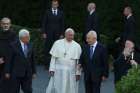 Palestinian President Mahmoud Abbas, Pope Francis, Israeli President Shimon Peres and Ecumenical Patriarch Bartholomew of Constantinople arrive for an invocation for peace in the Vatican Gardens June 8. Also pictured is Franciscan Father Pierbattista Piz zaballa, head of the Franciscan Custody of the Holy Land, far left.