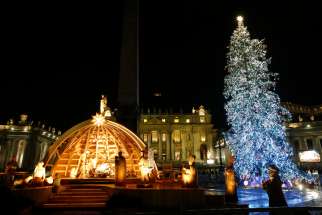 The Nativity scene and Christmas tree decorate St. Peter&#039;s Square after a lighting ceremony at the Vatican Dec. 3, 2022.