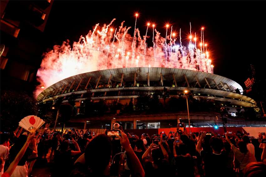 Fireworks light up the sky at the stadium during the opening ceremony of the Tokyo Summer Olympics July 23, 2021.