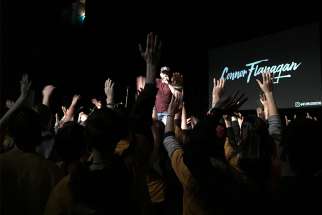 Connor Flanagan pumps up the youth with some praise and worship music at the 2018 Lift Jesus Higher Rally in Toronto.