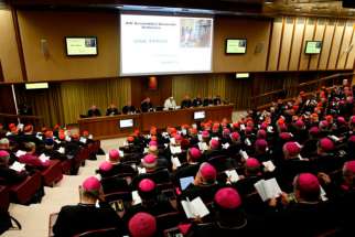Pope Francis presides at the morning session of the Synod of Bishops on the family at the Vatican Oct. 24.
