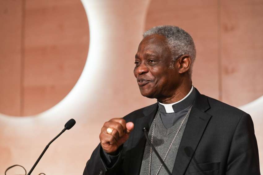 Cardinal Peter Turkson, chancellor of the Pontifical Academy of Sciences and the Pontifical Academy of Social Sciences, speaks about climate change in Stuttgart, Germany, May 27, 2022, during the 102nd Katholikentag, a regular festival and meeting place for German-speaking Catholic laity.