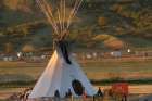 A teepee stands in the graveyard in the Cowessess First Nation near Grayson, Sask.