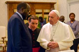 Pope Francis talks with President Salva Kiir of South Sudan during a private audience at the Vatican March 16, 2019. The president of South Sudan and a number of officials are scheduled for a &quot;spiritual retreat&quot; at the Vatican in early April.