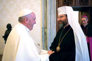 Pope Francis greets Archbishop Sviatoslav Shevchuk of Kiev-Halych, major archbishop of the Ukrainian Catholic Church, at the Vatican. Shevchuk is in Toronto in early October.