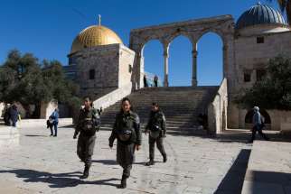 Israeli Border Police patrol the the site in Jerusalem&#039;s Old City known as Haram al-Sharif by Muslims and that Jews refer to as the Temple Mount Nov. 6. Recent tensions at the site, which is important to the faith life of Jews and Muslims, led the Council of Religious Institutions of the Holy Land to call for calm, saying that attachments to holy places should not be a cause of bloodshed, hatred or violence.
