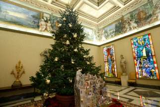 A Nativity scene and Christmas tree decorate the Apostolic Palace at the Vatican Dec. 15.