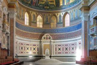 The cathedra of the bishop of Rome, Pope Francis, in the apse of St. John Lateran in Rome. 